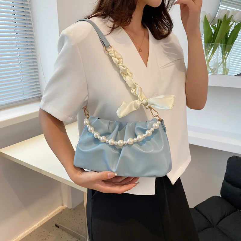 Fashion Pleated Crossbody Shoulder Bag Fashion Cloud PU Leather Small Handbags Purse Women Pearl Luxury Design Underarm Bags