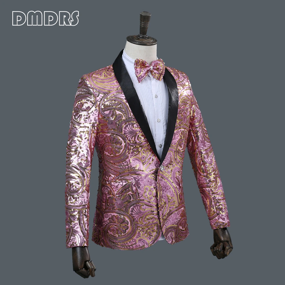 One Button Sequined Costume Suit Blazer For Men With Bow-tie Shawl Neck Fashion Men's Suit Jacket  For Wedding Prom Party