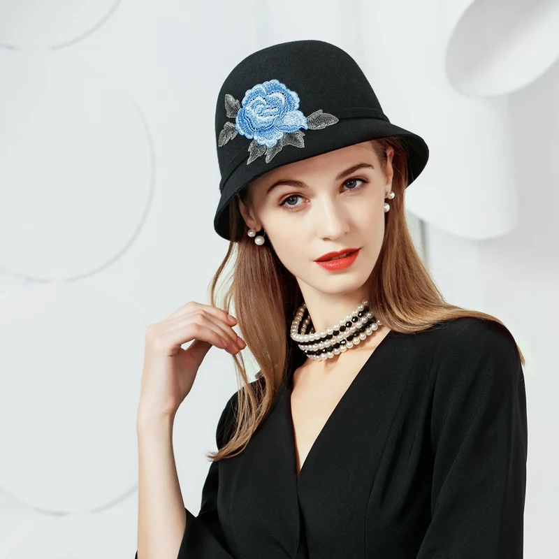 

X4171 Lady Embroidered Wool Hats British Leisure Retro Joker Wool Bucket Hats Fashion Tide Hats Female Winter Warm Fedora Hats