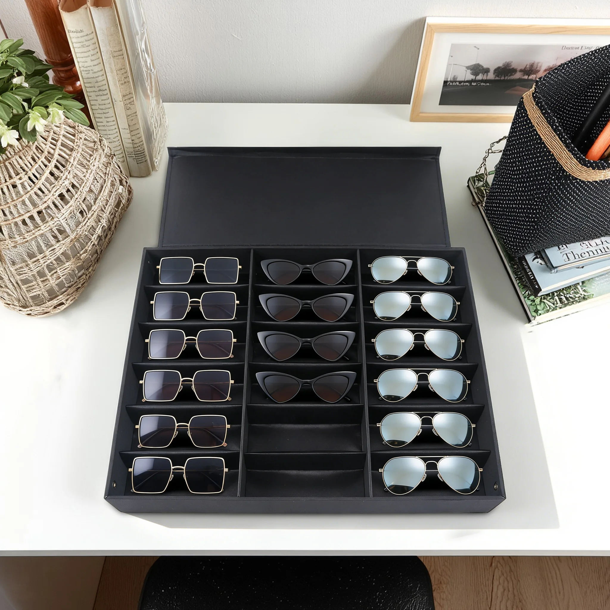 Black 18 Slot Sunglasses Storage Case MDF Silk Lining Single Compartment Flip Display Lid Dual Side Lock Buttons Stackable Tabletop Eyewear Watch Organizer For Retail Household