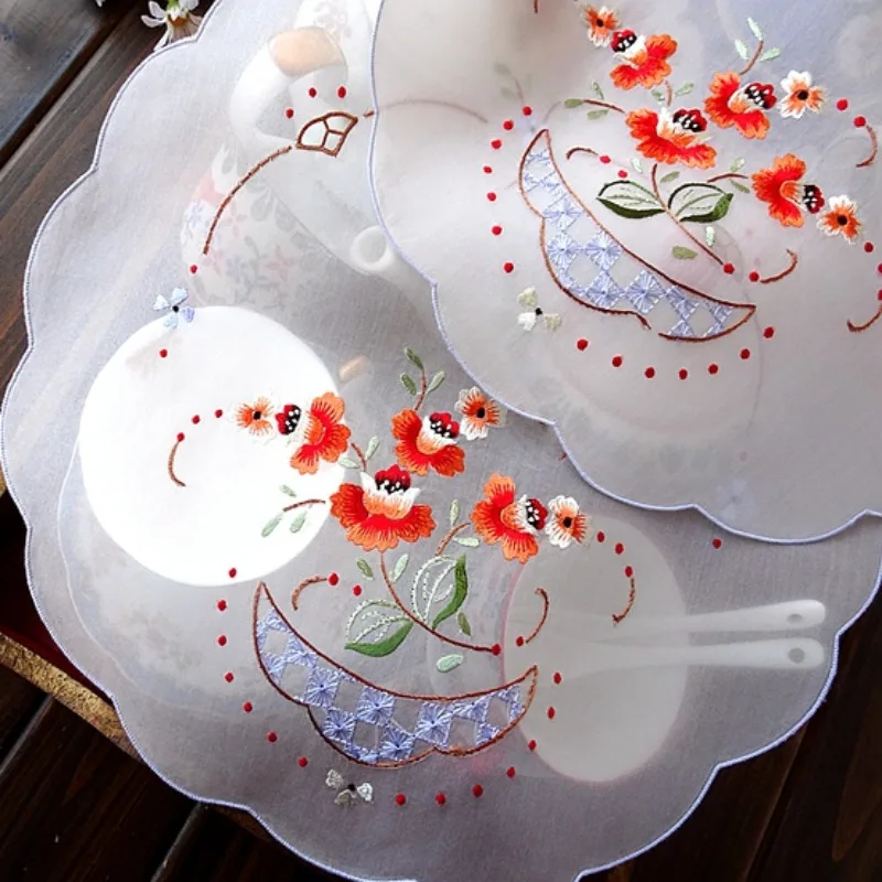 1pc Silk Hand-embroidered American Retro Floral Round Mat Coaster Vase Mat Decorative Cover 32CM Round
