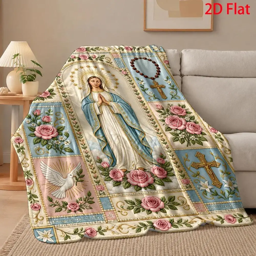 Virgin Mary Flannel Throw Blanket Rosary Cross Dove Rose Catholic Faith Design Sofa Bed Couch Bedroom Living Room Religious Home Decor Church Gift Office Travel Nap Blanket Spiritual Bedding Prayer Gift Christian Keepsake Room Accent Catholic Gift