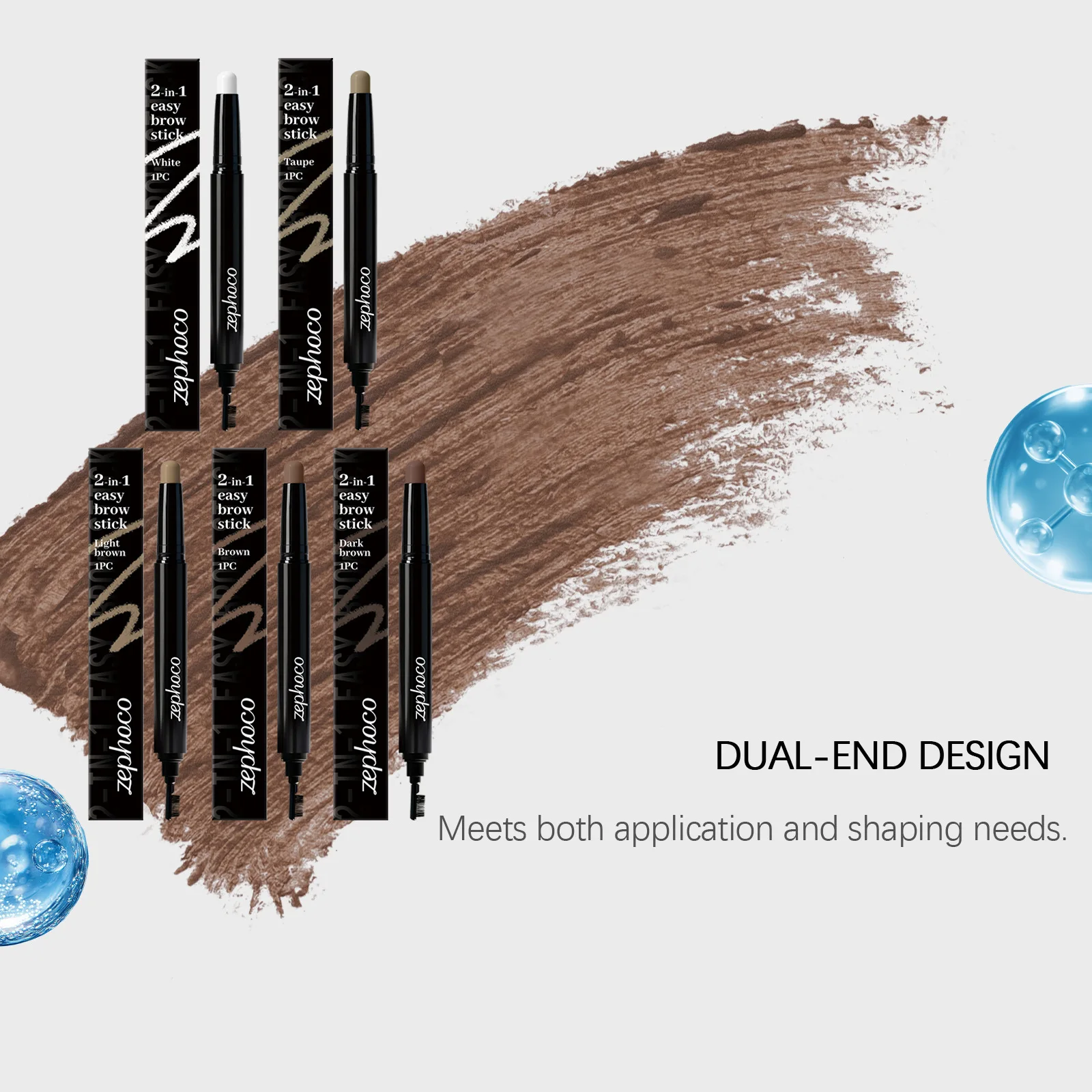 ゼフォコ 2-in-1 デュアルヘッドアイブロウペンシル 長持ちするメイクアップツール 簡単に塗れる 防水 自然な5色アイブロウペン