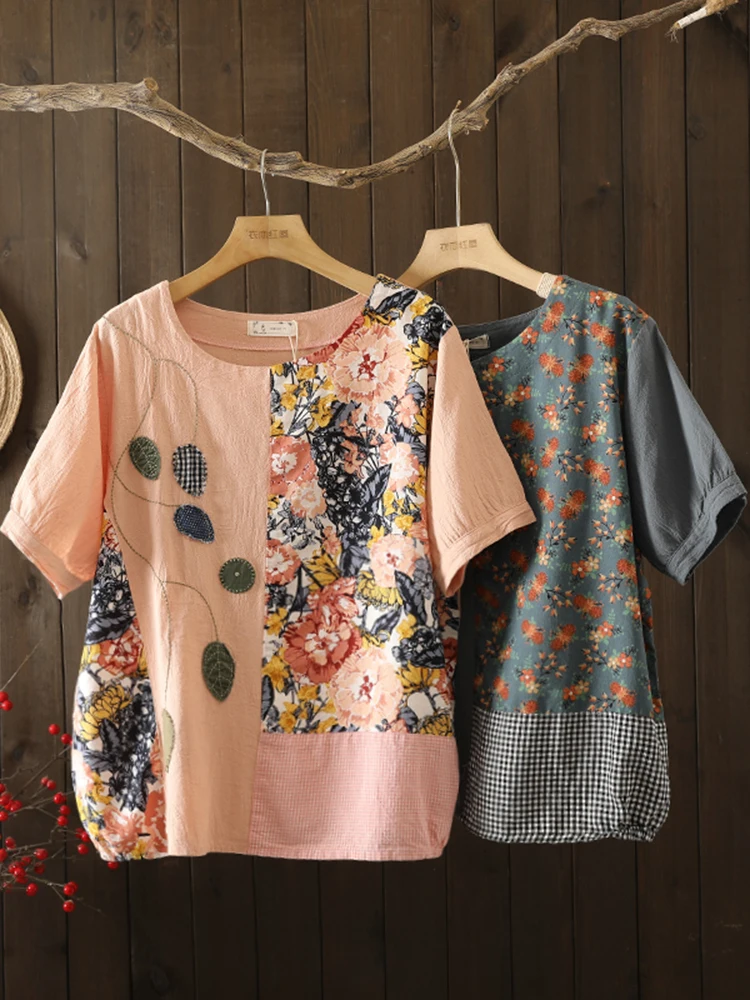 

Футболка из хлопка и льна с вышивкой в стиле ретро Le в стиле пэчворк, тонкая дышащая футболка с принтом для похудения, летняя повседневная женская футболка свободного кроя...