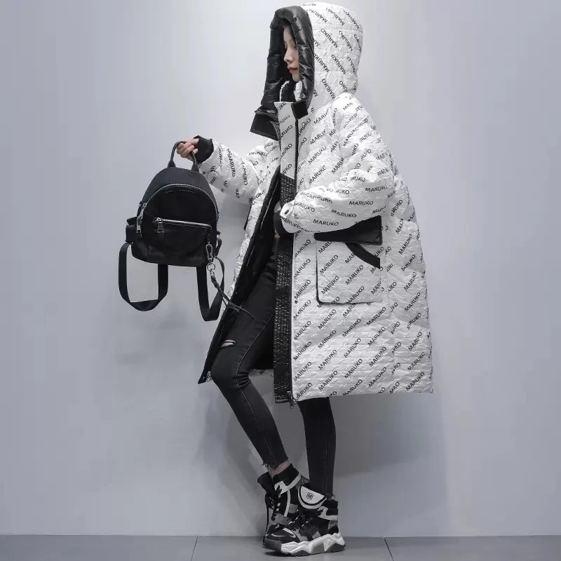 

Letter print Down Snow Jacket Women 2023 Winter New Korean Hooded White duck down Coats Fashion Female Warm Casual Long Overcoat