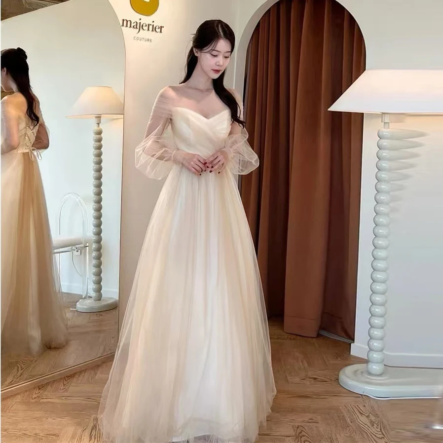 Bafftafe Lange Puffärmel Korea Brautkleider Prinzessin Fotoshooting Kleid Korsett Zurück Prom Party Kleid Abendkleider Angepasst