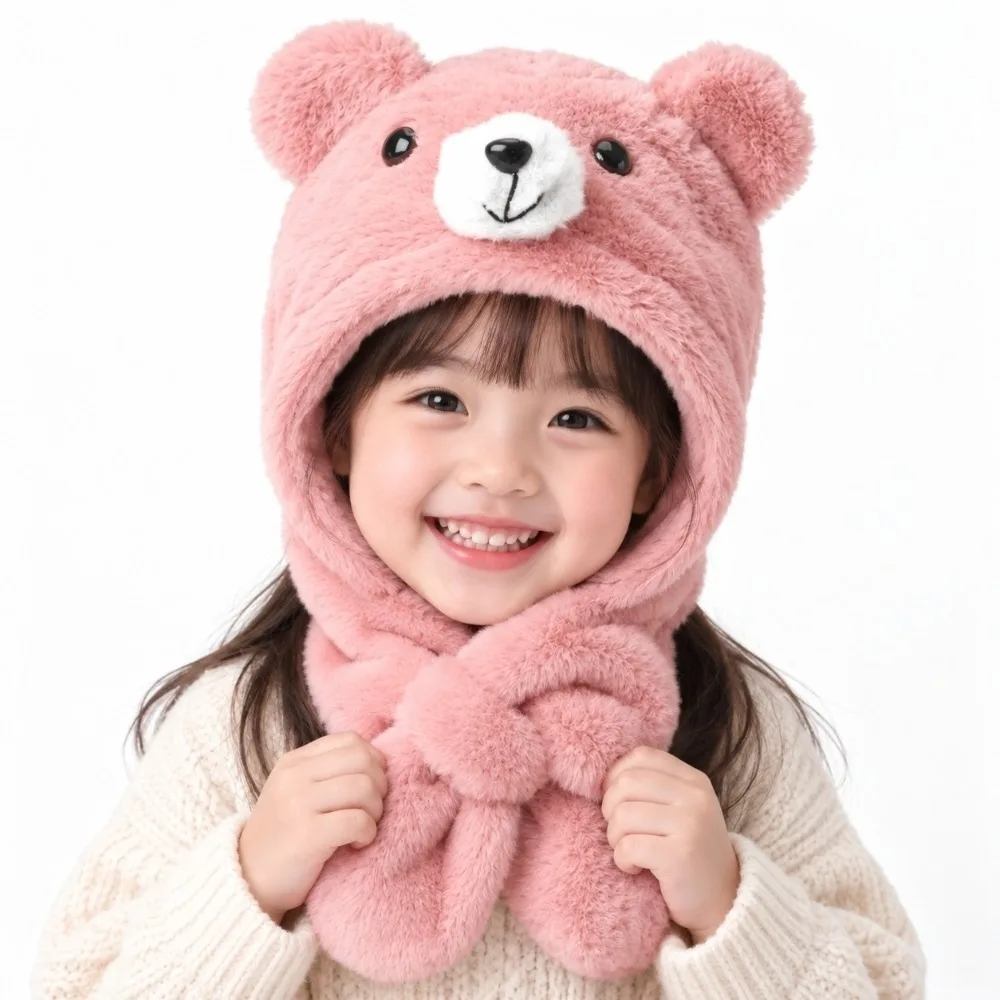 Gift Thickening Integrated Scarf Hat Soft Warmth Winter Beanie Hat Cartoon Windproof Fluffy Bear Earmuffs Hat Unisex