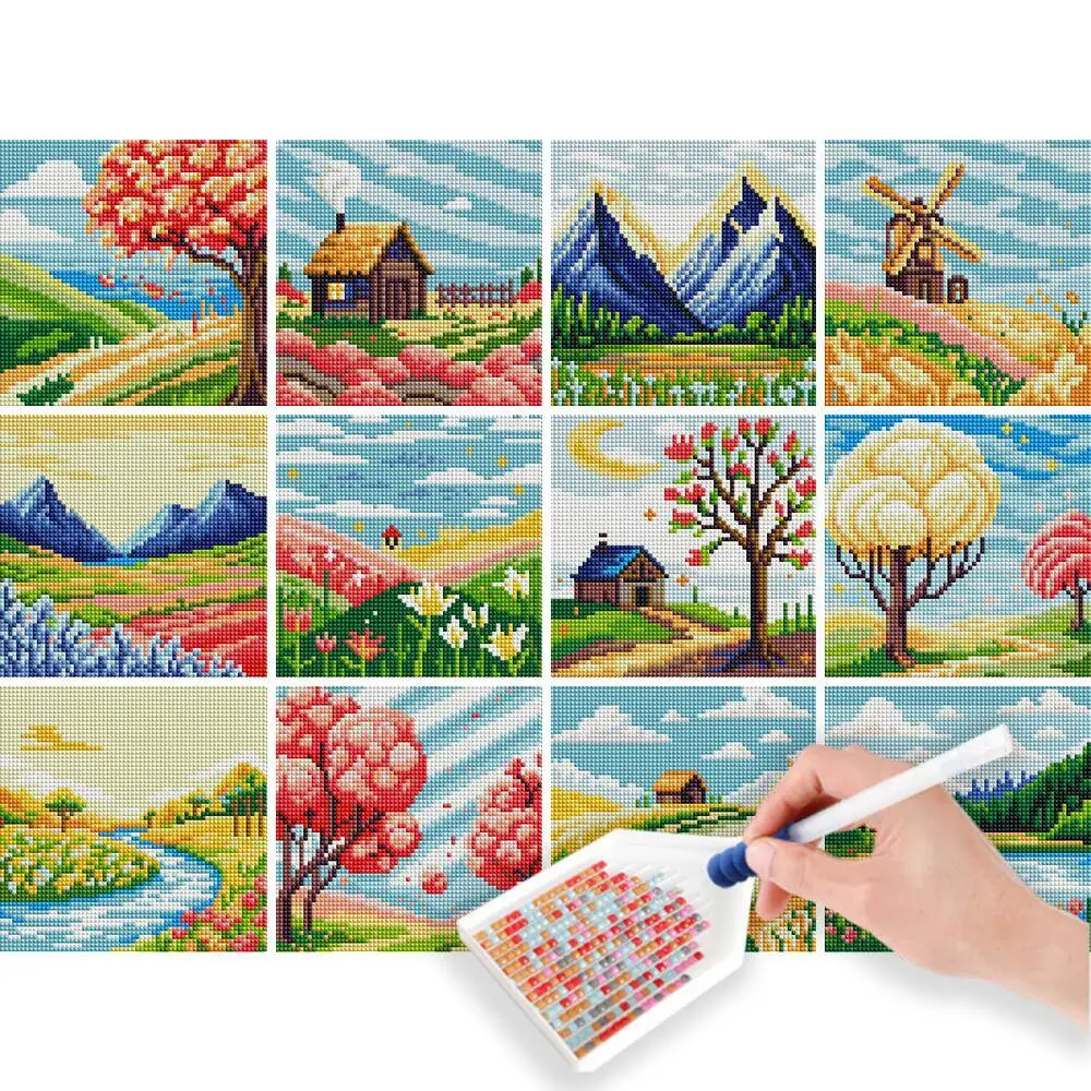 HUACAN 12pcs Landscape Mini Diamond Painting Mountain Tree 5D Round Diamond Mosaic Handmade Holiday Gift Wall Home Decor