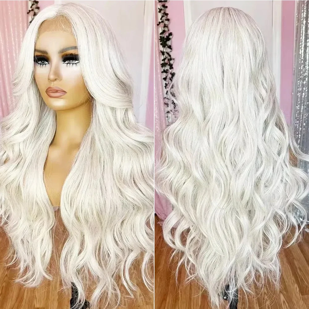 White Long Water Wave Synthetic Lace Front Wig Women Fashion Party Cosplay Wigs Heat Resistant Daily Wear Synthetic Wig