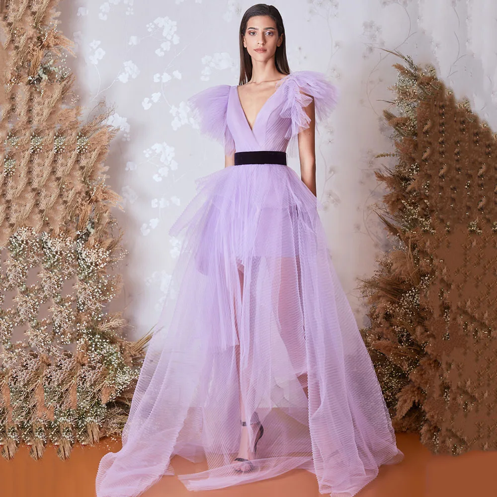 

Sexy Lilac Prom Dresses Deep V Neck A Line Illusion Tulle Evening Dress With Cap Sleeves Floor Length Formal Occasions Wear