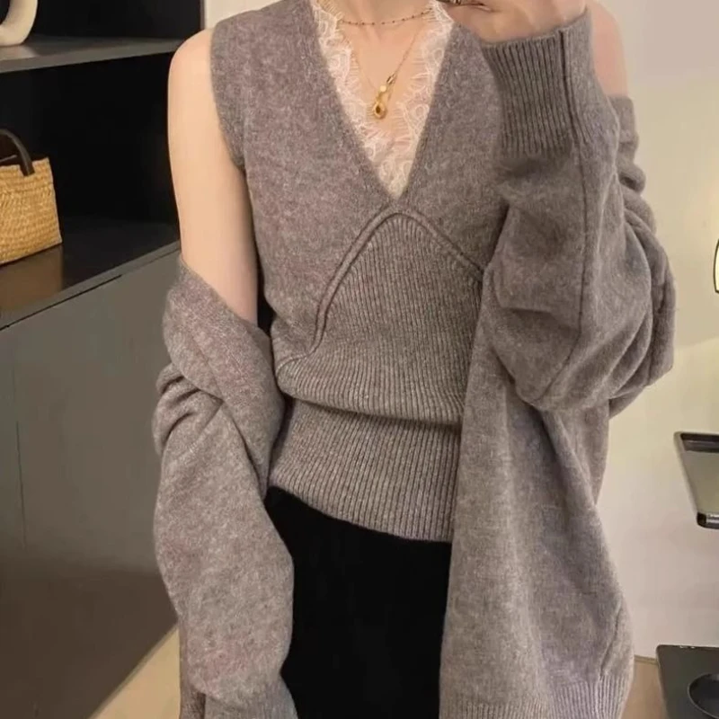 Soft and Lazy Style Knitted Cardigan Vest Two-piece Set Women's Solid Color Sweater Jacket New Explosive Set