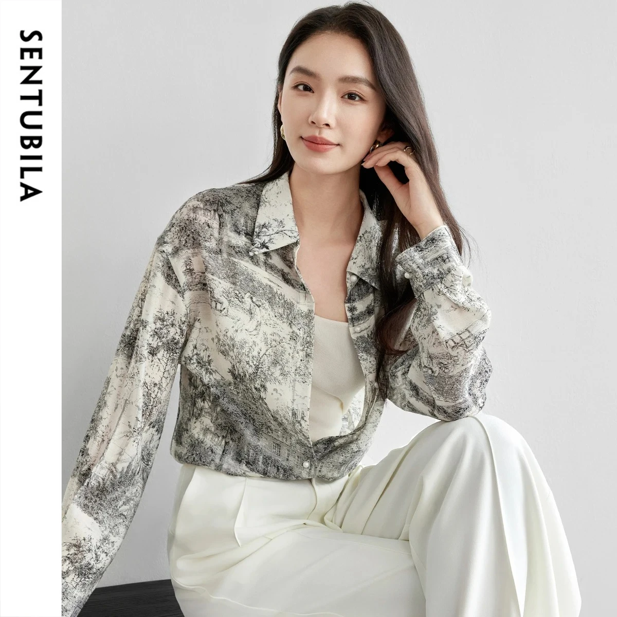 

SENTUBILA Printed Long Sleeve Shirt for Woman 2026 Autumn Elegant Simple Blouse Loose Fit Chinese Style Female Tops 151C57812