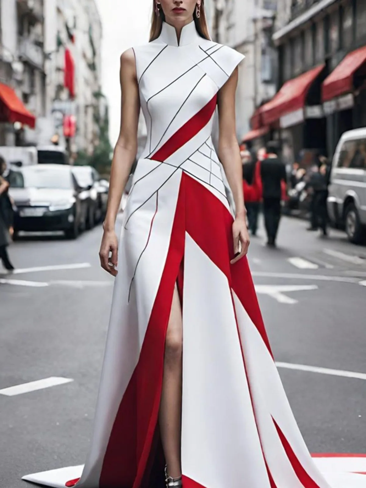 Women's Elegant & Stylish Formal Maxi Gown High-Collar Sleeveless Red-White Geometric Color Block High Slit Formal Party Dress