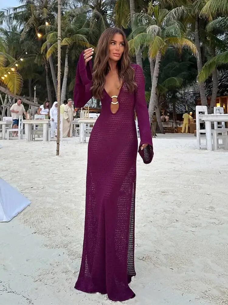 Sexy Metal Ring Splicing Women's V-neck Split Crochet Dress Chic Flared Sleeve Slim Hollow Out Robes Lady Beach Vacation O851