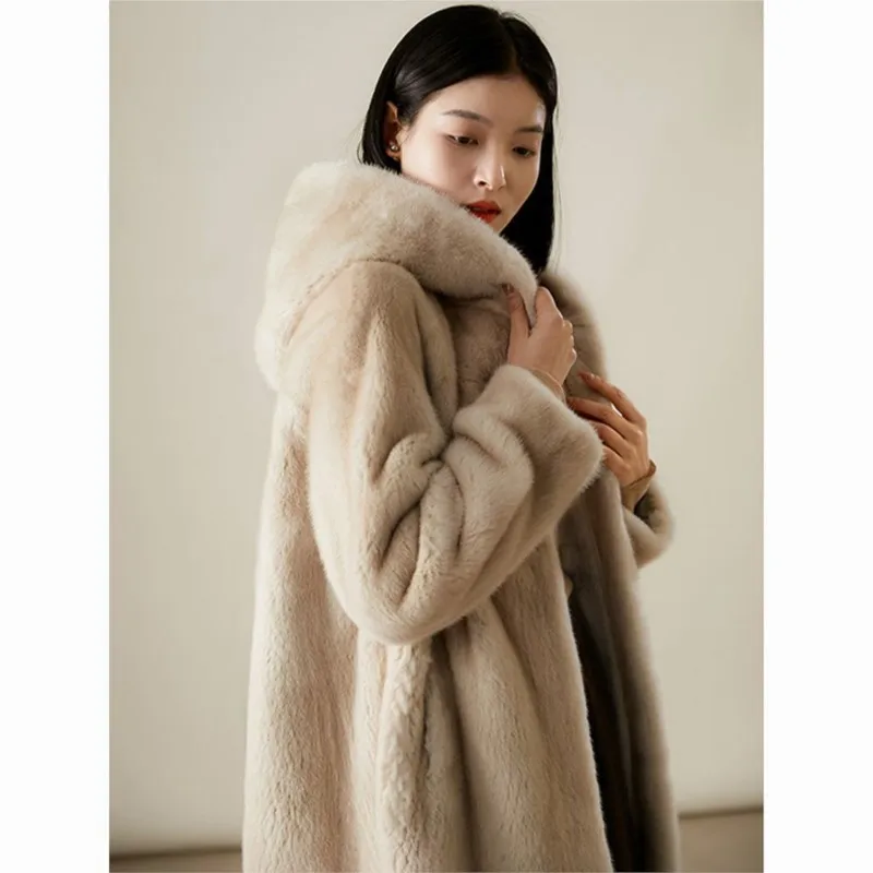 New hybrid fur coat women's hooded mid-length fleece light style