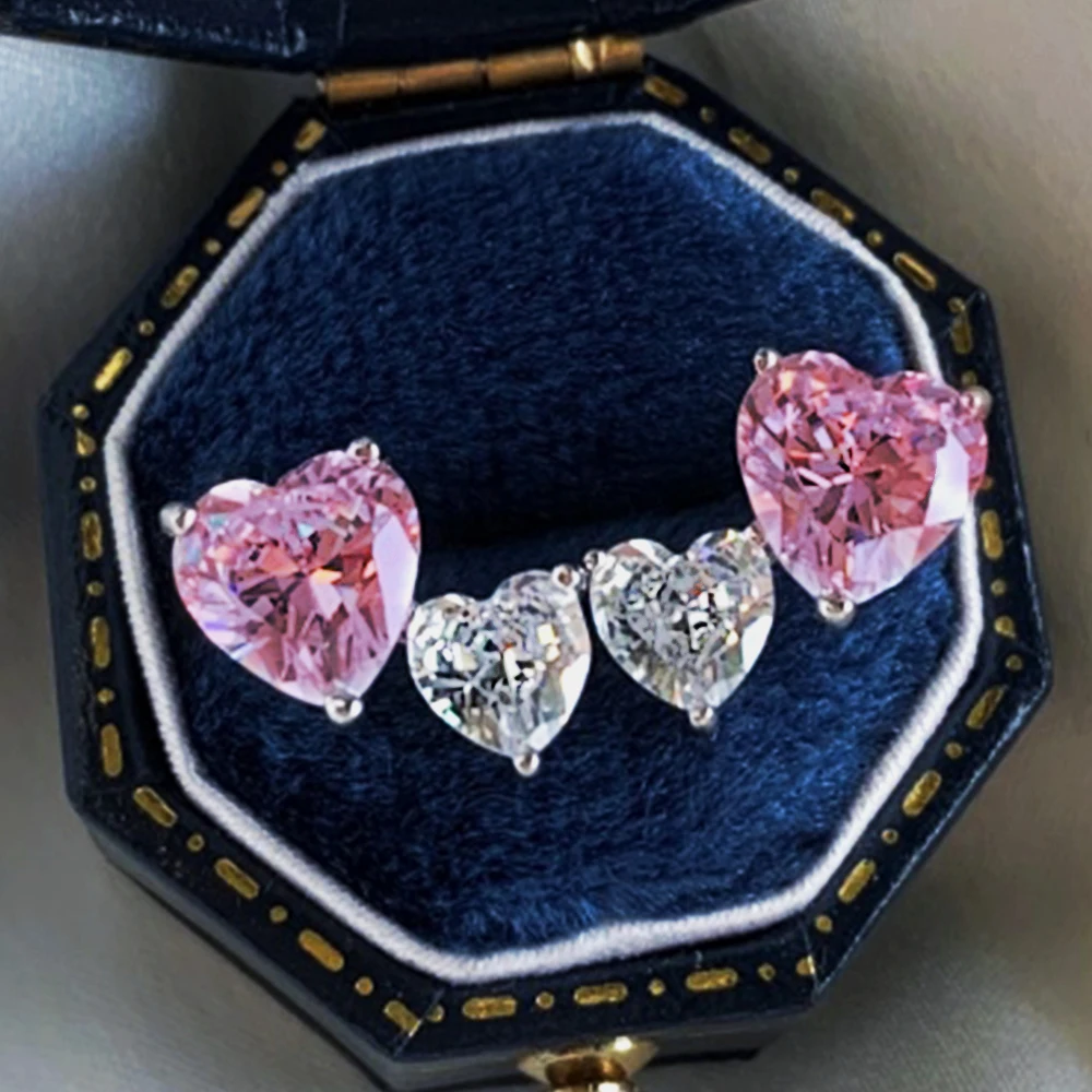 

Настоящие серьги-сердечки из стерлингового серебра S925, женские блестящие серьги с двумя сердечками, женские роскошные ювелирные изделия, блестящий циркон 5А, подарок для девочек, вечерние