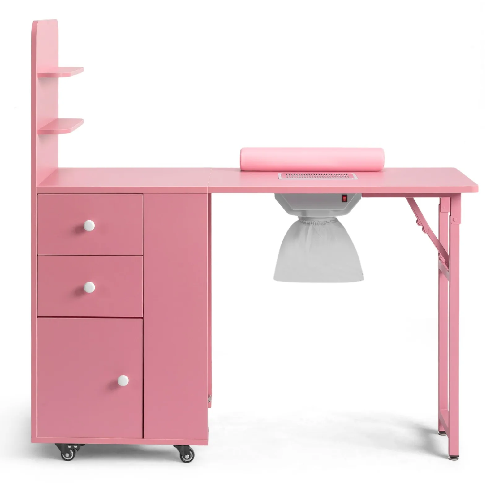 

Foldable Nail Tech Table w/ Electric Dust Collector, 2 Shelves, Lockable Casters