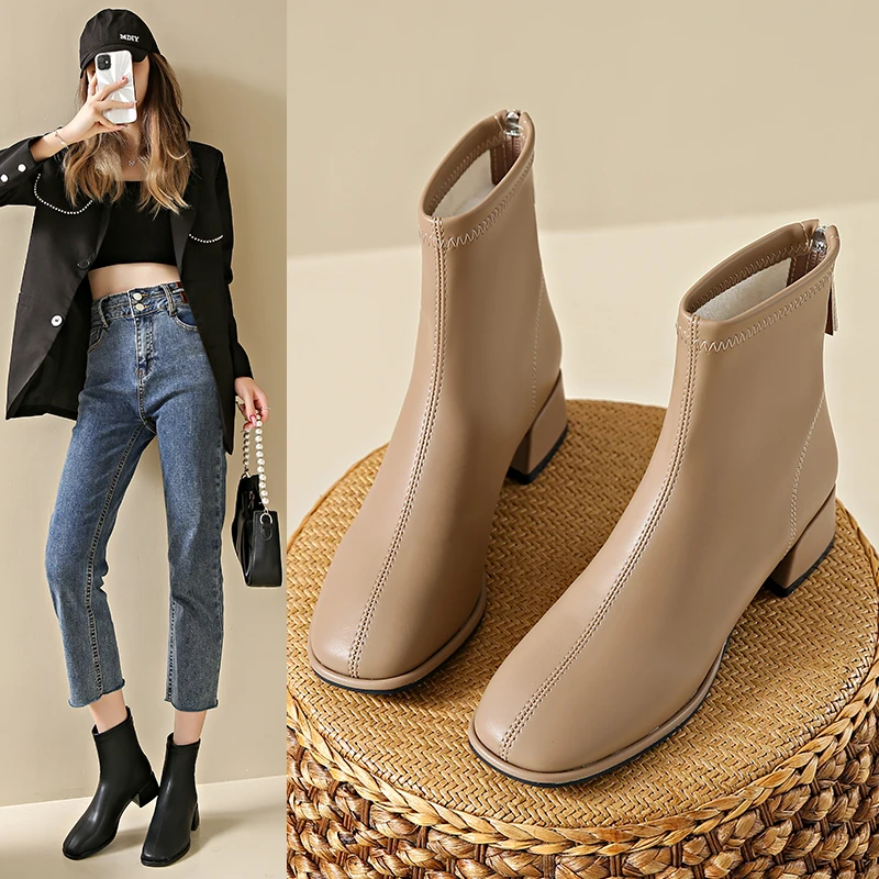 Large size women's short boots 2024 new autumn British style soft leather mid-heel mid-calf Chelsea boots