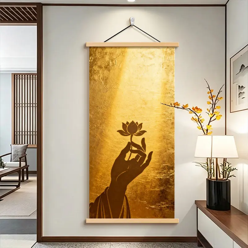 Wall Art Golden Buddha Hand Botanical Pearlescent Canvas Hanging Scroll with Wooden Rods for Zen Dining Room and Study