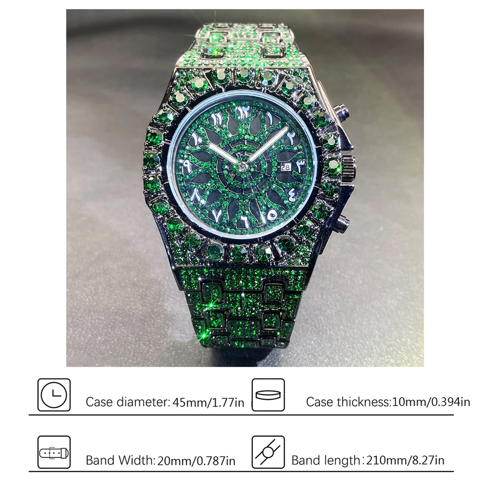 MISSFOX Hip Hop Wristwatch For Men Luxury Ice Out Full Diamond Watches Hip Hop Fashion Green Wterproof Week Display Clock 2024