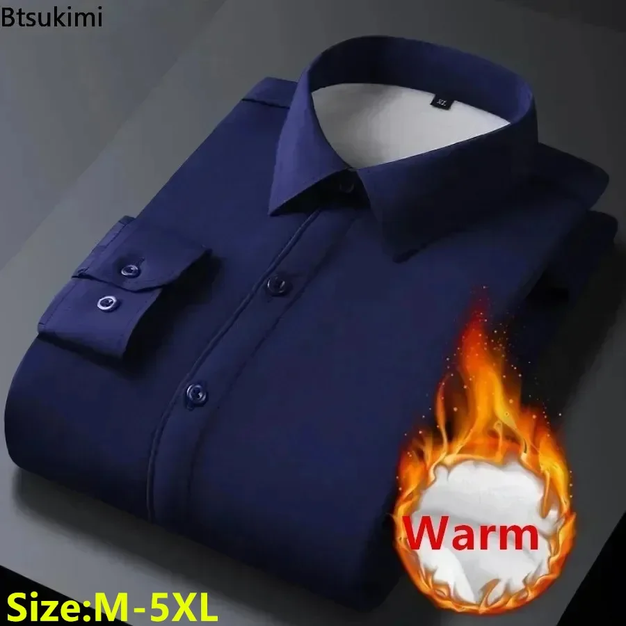 New Men's Long-sleeved Warm Shirt Autumn Winter Thick Fleece High Quality Casual Shirt Men Solid Business Dress Shirt Oversized