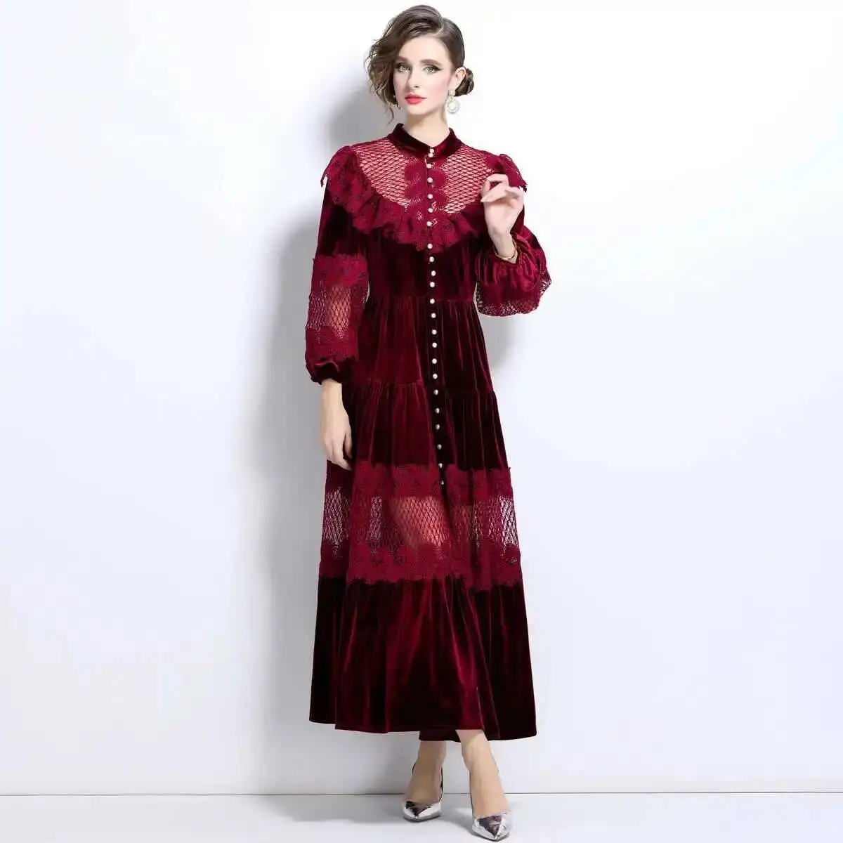 Fashion Autumn Winter Single Breasted Pearls Long Sleeve Lace Velvet Dress Women Ruffles A Line Maxi Prom Dresses Lady