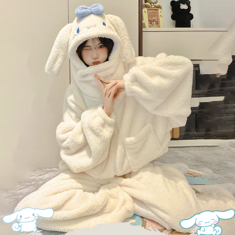 Sanrio Kawaii Kuromi Cinnamoroll Plush Pajamas Suit Anime My Melody Thickened Women Nightgown Winter Warm Homewear Tops Pants