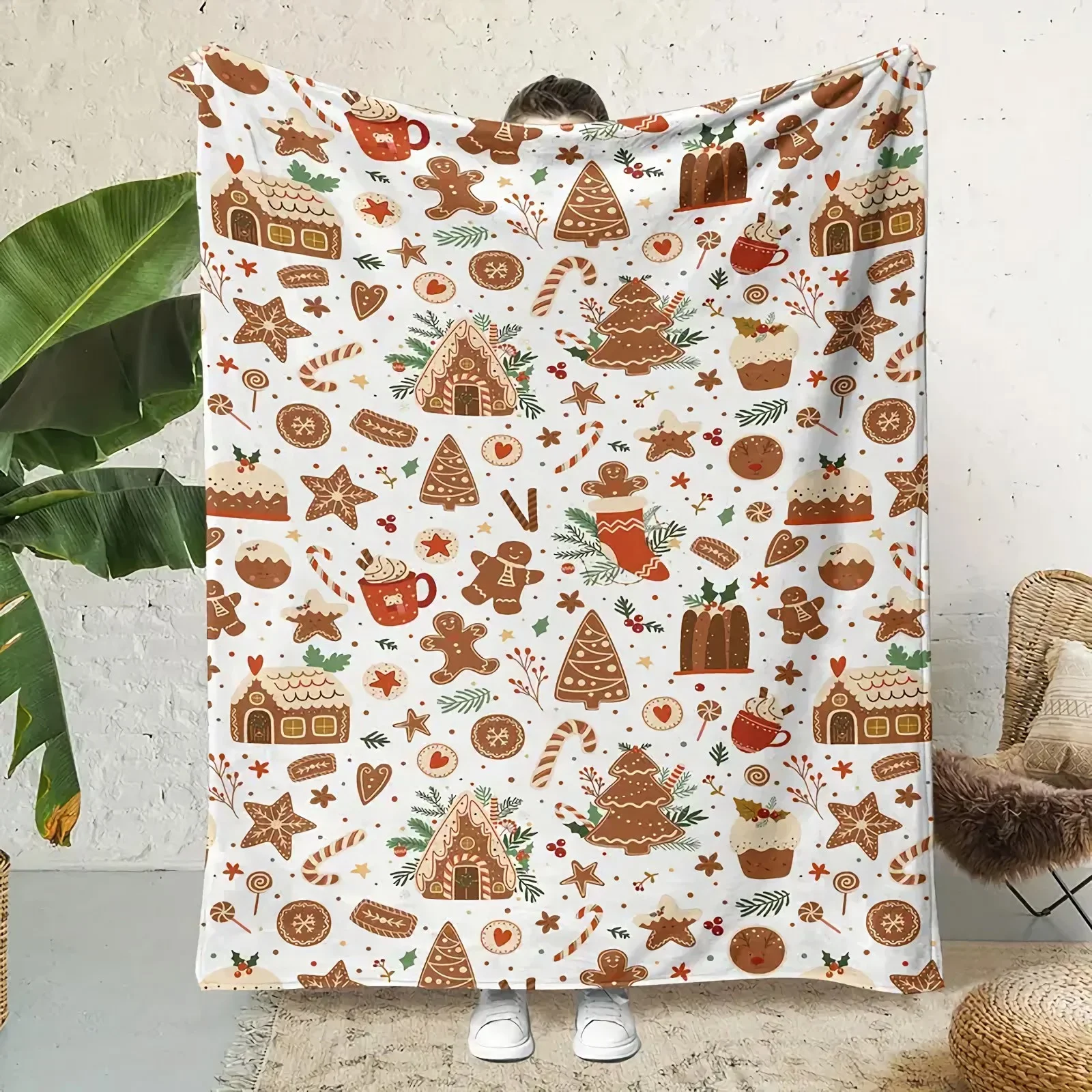 Flannel Christmas Cookie Blanket Cute Gingerbread Pattern Soft Cozy For Home Decor Festive Holiday Decoration For Couch Bed Sofa
