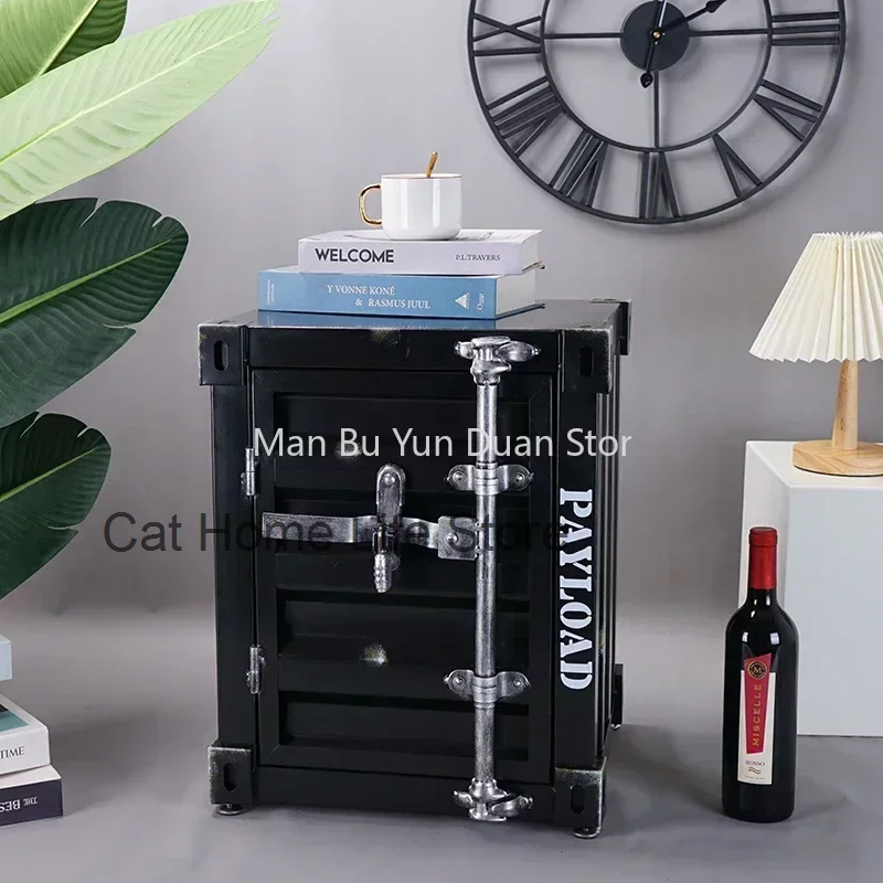 Retro Comfortable Container Iron Bedside Table Lock Storage Drawer Metal Bed Cabinet Nightstand Safe Box Home Bedroom Furniture