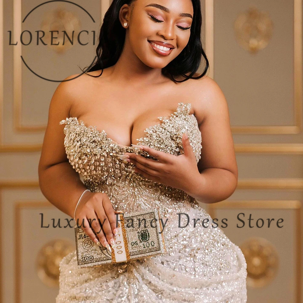 Vestidos de fiesta de joyería de lujo 2025, vestidos de fiesta de boda de sirena con abertura lateral sin tirantes, vestidos de ceremonia sin mangas personalizados