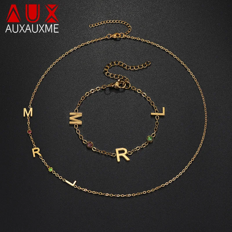 

Auxauxme Custom Birthstone 26 Letters Side Pendant Necklace Bracelet Set for Women Stainless Steel Colorful Zircon Jewelry Gifts