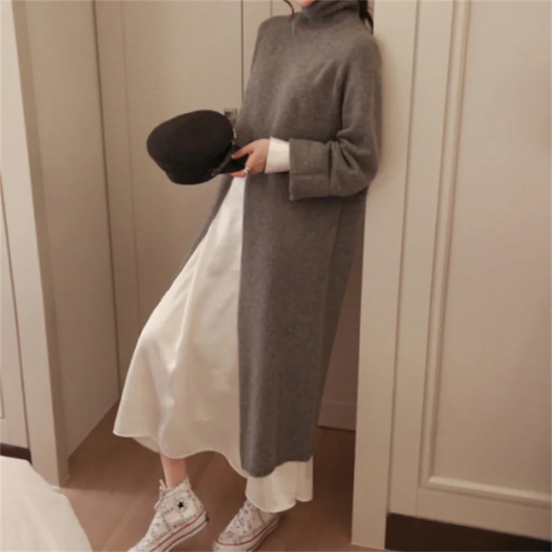 Korean Style Solid Long Sweater Women Autumn Winter New Split Turtleneck Long Sleeve Pullovers Loose All-matched Knitwear