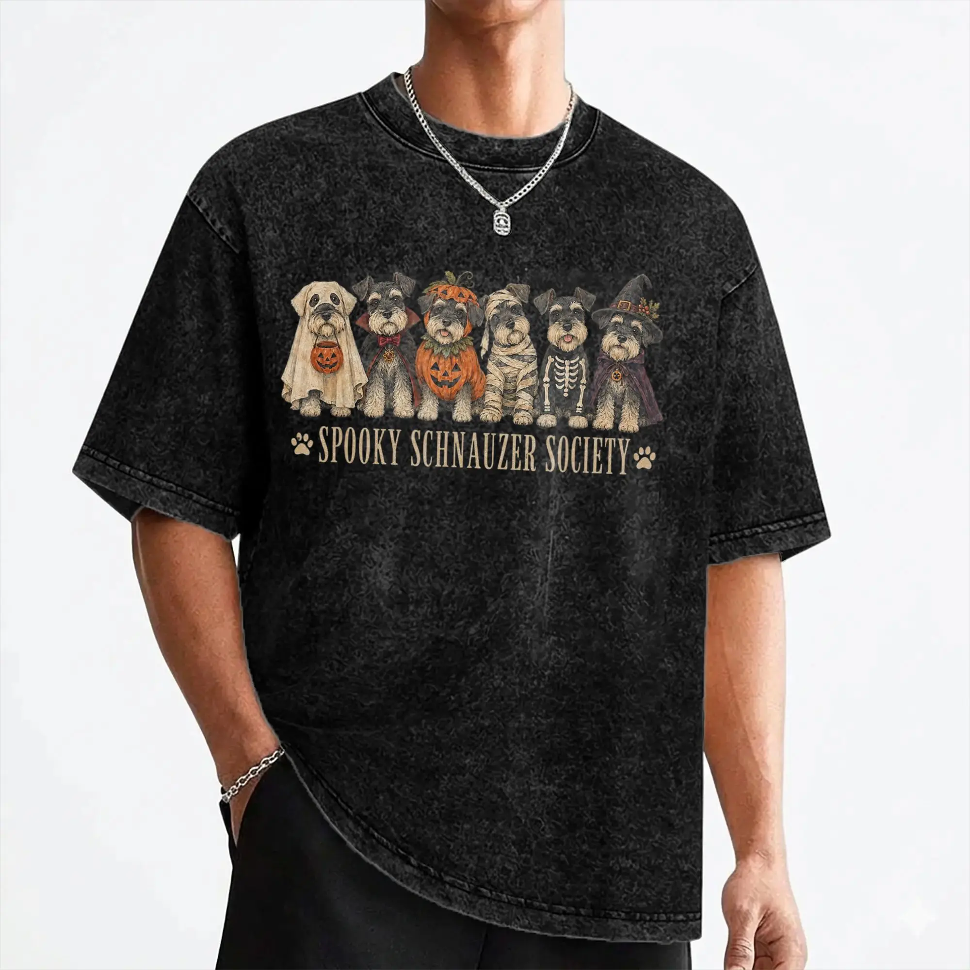 Washed T Shirt Spooky Schnauzer Society Boo Skeleton Dog Hip Hop Retro T-Shirts Street Streetwear Summer Tops Tee Shirt for Men
