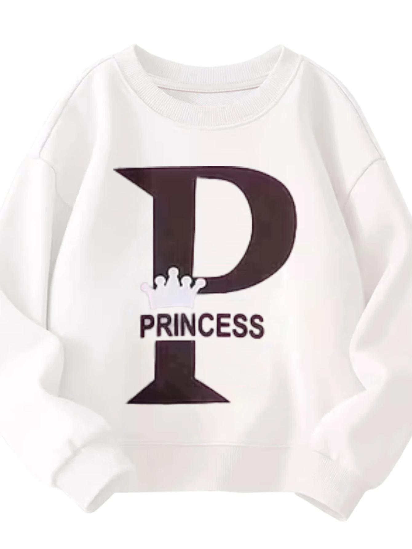 

Kids Crew Neck Sweatshirt Big Letter P Crown PRINCESS Text Graphic White Pullover For Little Princesses