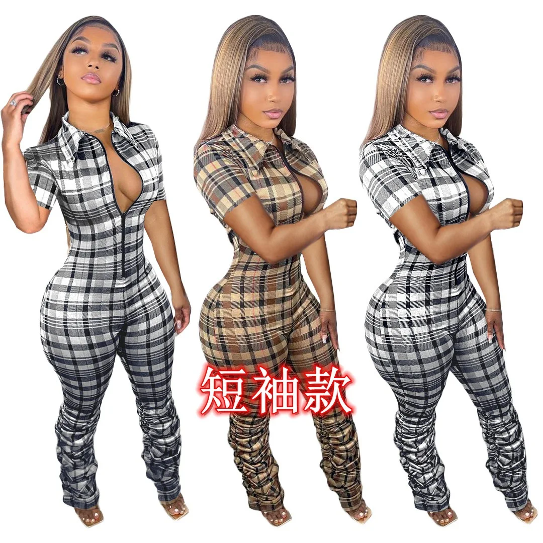 

Long New Plaid Print Slim-fit Pleated Zipper Short-sleeved Jumpsuit 2026 Spring And Summer New Temperament Women's High Street