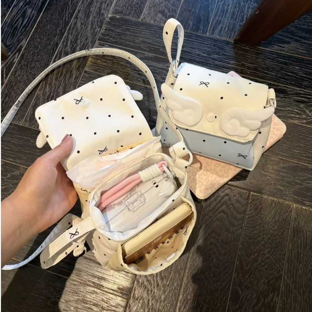 Polka Dot Cosmetic Bag with Angel Wings Three-layer Makeup Pouch Portable Travel Storage Organizer for Lipstick Small Items