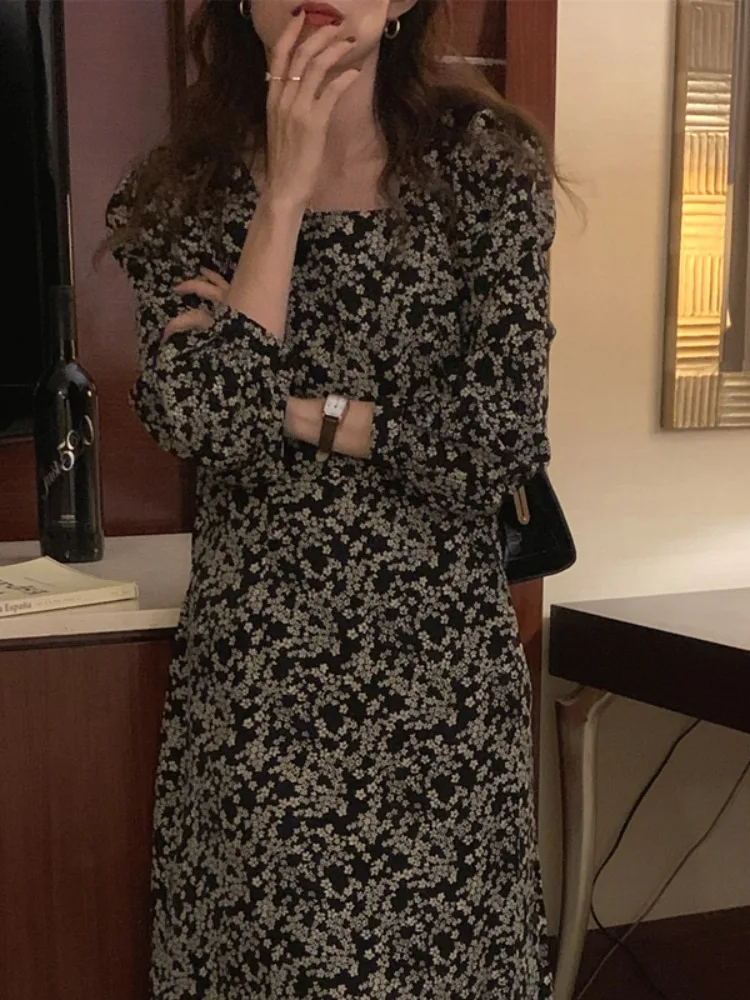 Ele Autumnal Vintage Chic Square Collar Bone Exposure Floral Slim Fit Long Sve Chiffon Dr Exuding Feni