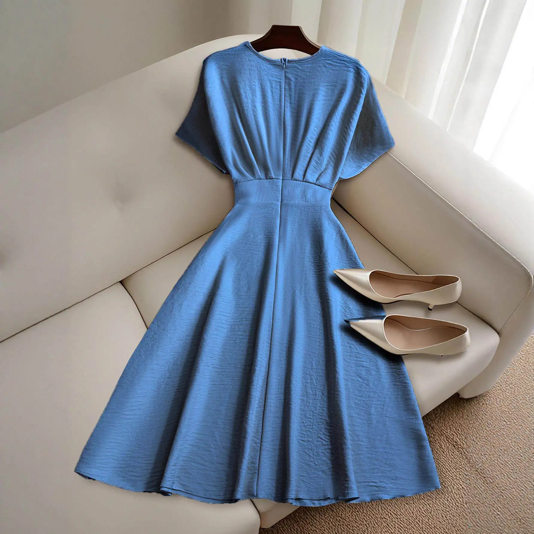 

Fashionable Versatile Mid-Length Dress Spring Summer New Style V-Neck Waist-Cinching Short Sleeve Dress All-Season Dress