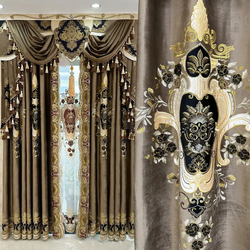European Palace Embroidered Valance Luxury Brown Velvet Curtains for Living Dining Room Bedroom Window Decor Tulle Elegant Lace