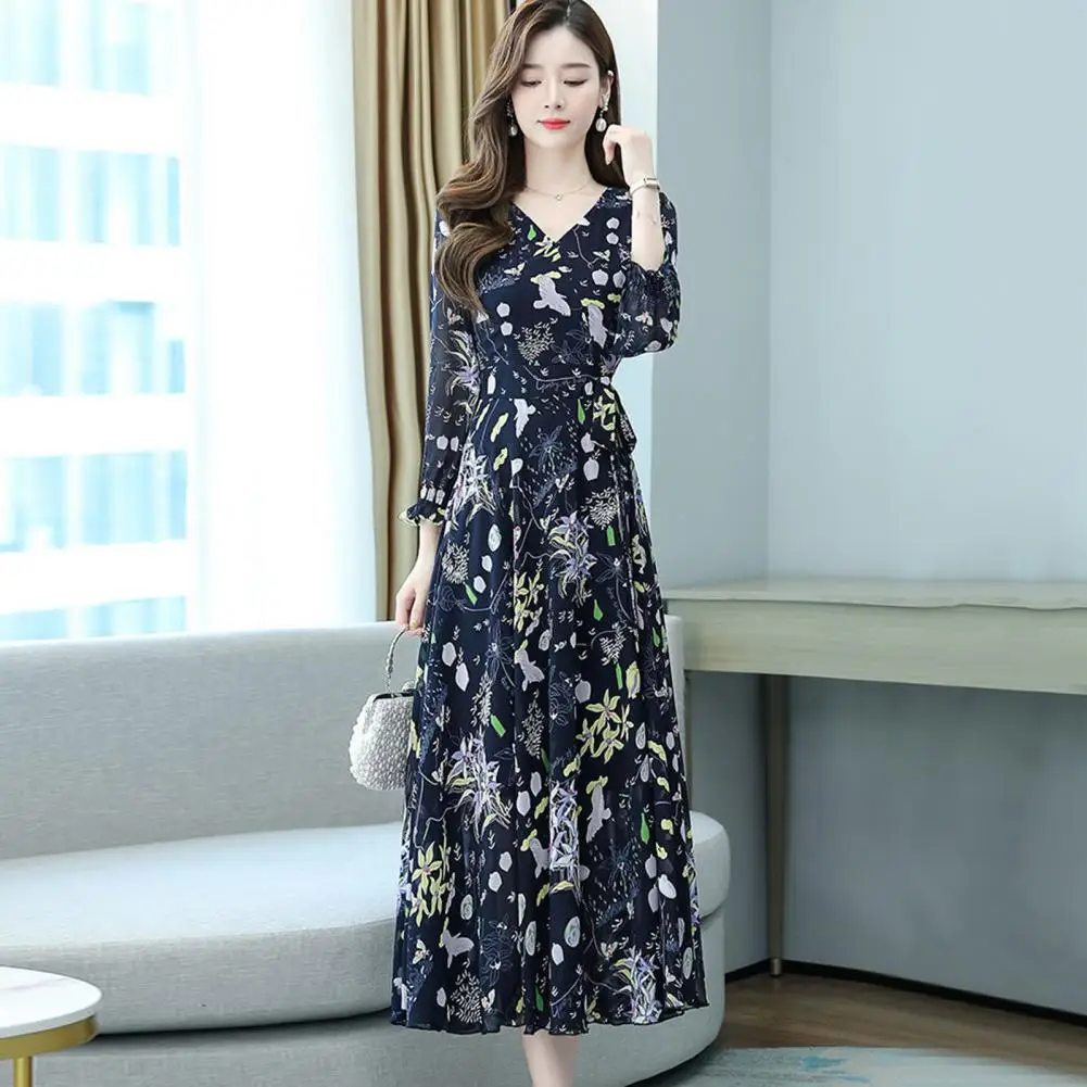 New in Dress for Women 2023 Flower Print V Neck Long Sleeves Loose Hem A-line Dress-up Boho Spring Fall Dress Women Clothing