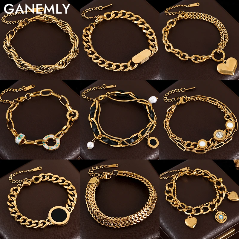 GANEMLY Trendy Gold Farbe Charm Armband Armreif Handgelenk Kette Edelstahl Wasserdicht Schmuck Für Frauen Party Geschenk pulseras