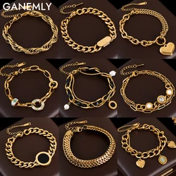 GANEMLY Trendy Gold Color Charm Bracelet Bangle Wrist Chain Stainless Steel Waterproof Jewelry For Women Party Gift pulseras