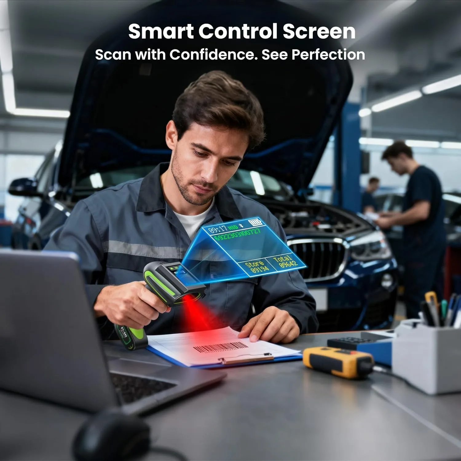 Skaner kodów kreskowych Eyoyo Industrial z ekranem, 3-w-1, wodoodporny, bezprzewodowy czytnik kodów 1D 2D Bluetooth z stacją ładującą. — zdjęcie produktu 3