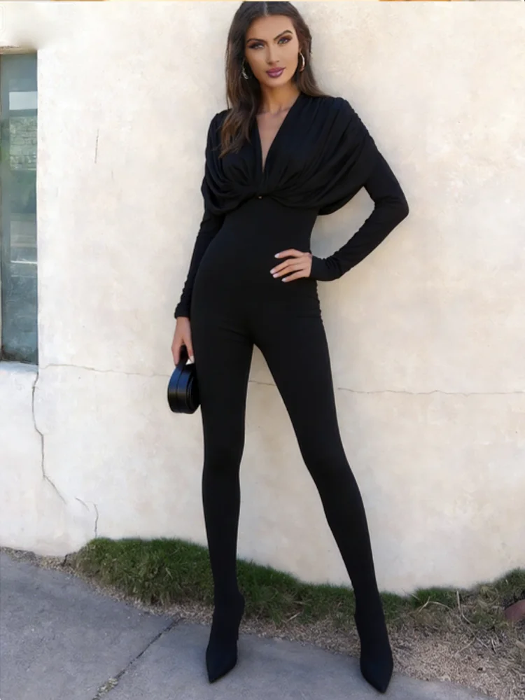 Nibber Low-Neck Casual Overall Frau Büro Stil Street Fashion Falten Volle Hülse Hohe Taille Dünne Pfirsich Hüfte Klassische Overalls