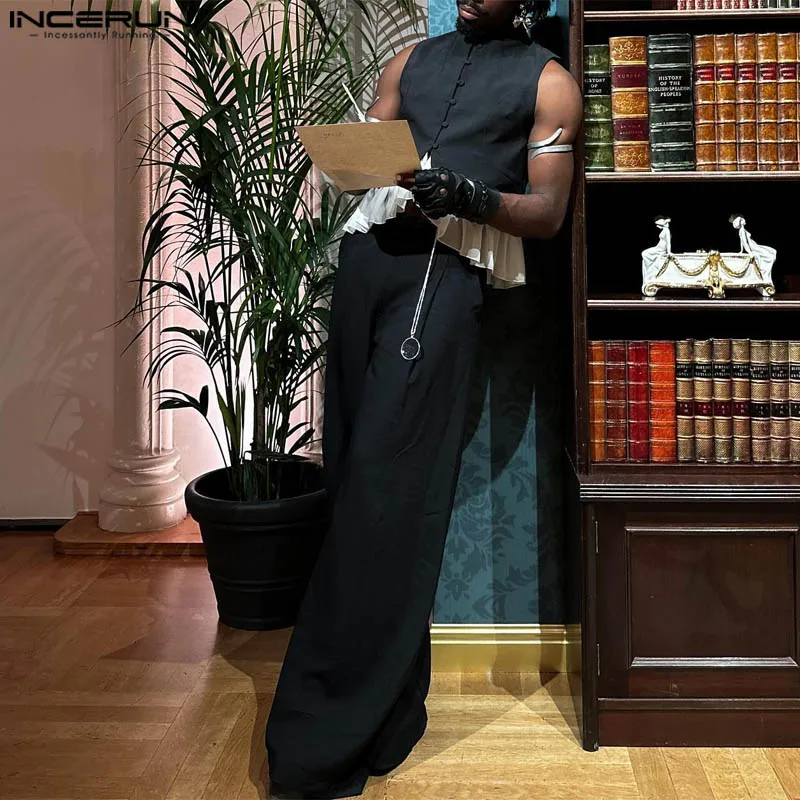 

INCERUN Мужские комплекты с рюшами в стиле пэчворк, воротник-стойка, жилеты без рукавов и широкие брюки, 2 предмета, уличная одежда, модные мужские повседневные костюмы 2025 года