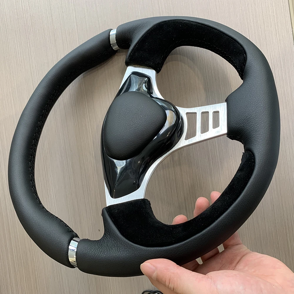 New Design Car Steering Wheel Black Leather and Suede Patchwork Steering Wheel 350mm Flat Bracket Racing Steering Wheel