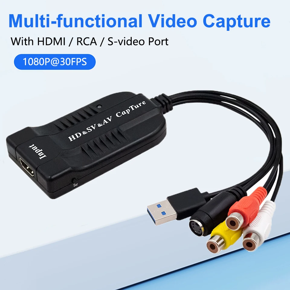 USB Video Capture Card VHS to Digital Converter HD/RCA/S-video to USB2.0 Audio Video Record Capture Device for Hi8 DVD PS3 PS4