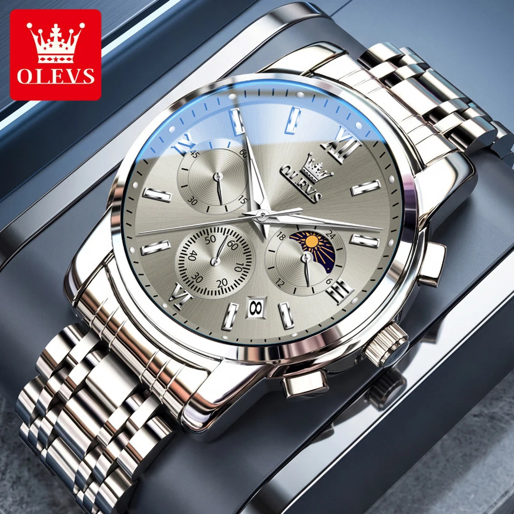 OLEVS 2718 uxury Men Quartz Chronograph Watch Stainless Steel Band Roman Numerals Moon Phase Dial Business Dress Wristwatch Male
