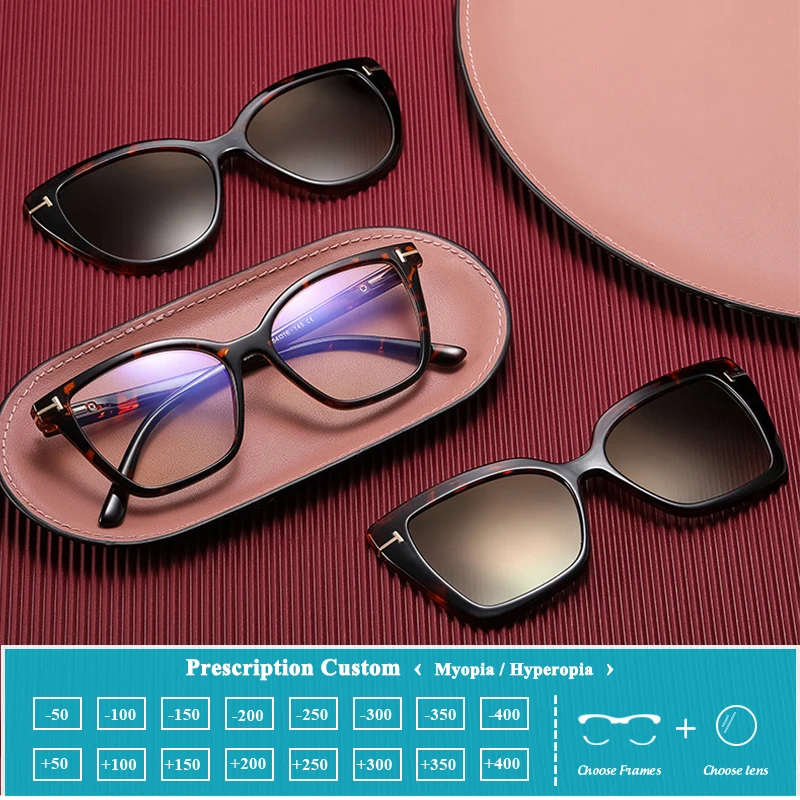 

New Women's Cat Eye Polarized Sunglasses with 3 In 1 Magnetic Clip Customizable Myopia Prescription Lens Reading Glasses
