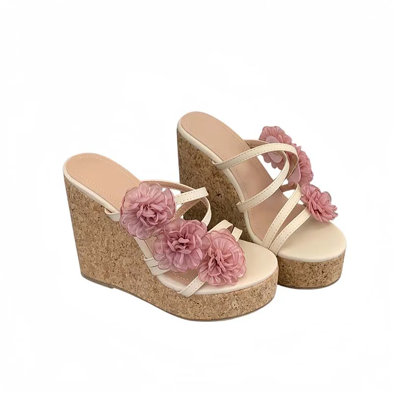 

Женские сандалии на деревянной платформе 12 см, розовые с цветами, летние туфли на танкетке, пляжные сандалии в богемном стиле, 2026